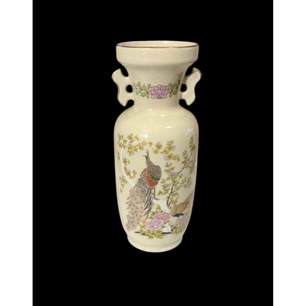 Bijutsu Toki Japanese Art Ceramics Peacock Vase Satsuma Crackle Glaze Gold Trim